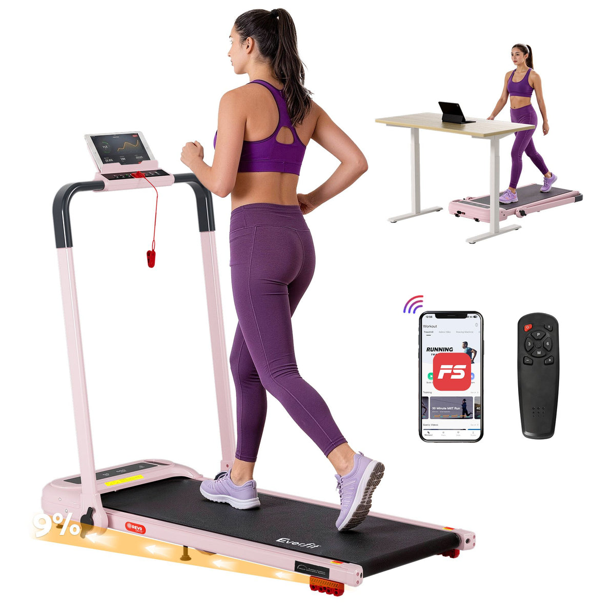 Everfit 3 in 1 Electric Treadmill Walking Pad with Incline Pink
