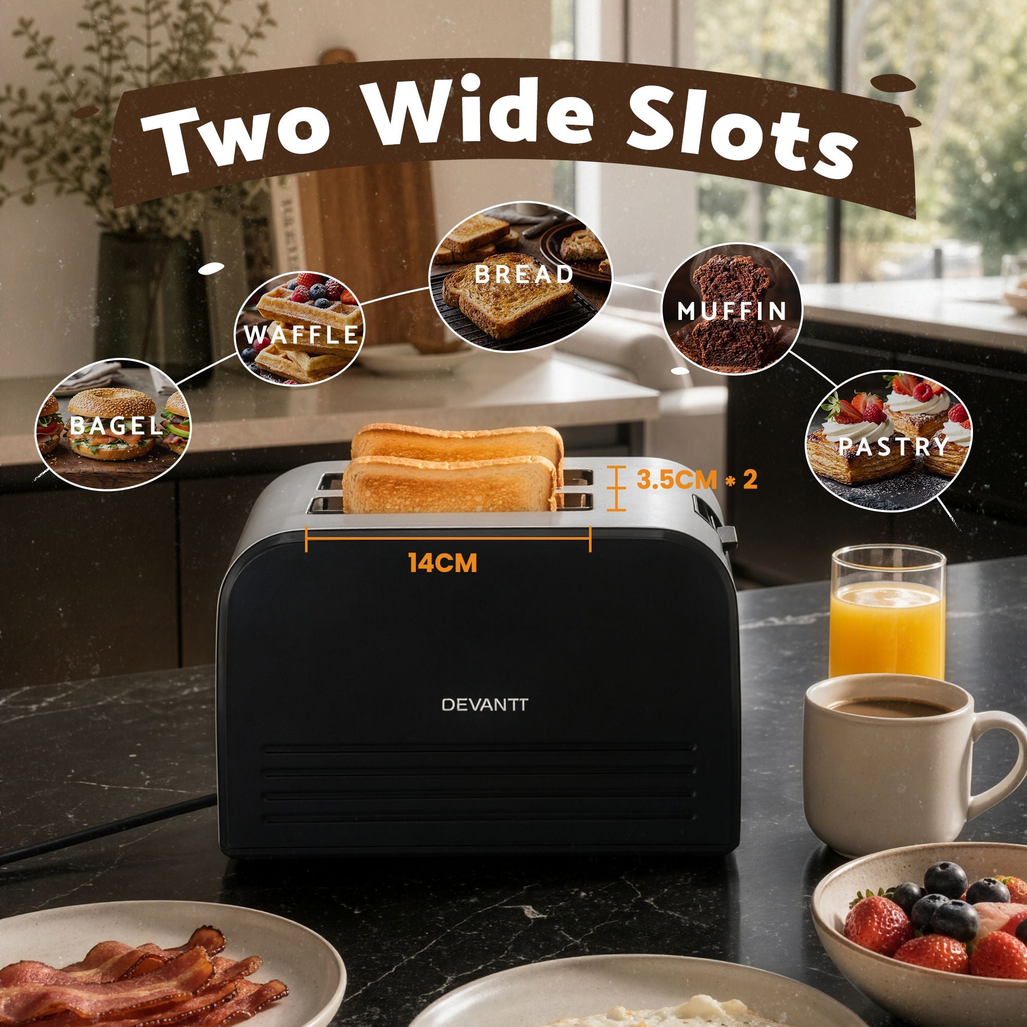 Devanti 2-Slice Toaster, LED Display 3.5cm Wide Slots 6 Browning Levels