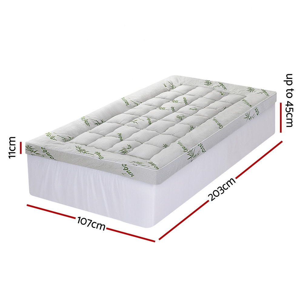 Giselle King Single Mattress Topper 11cm Bamboo Pillowtop Green & White
