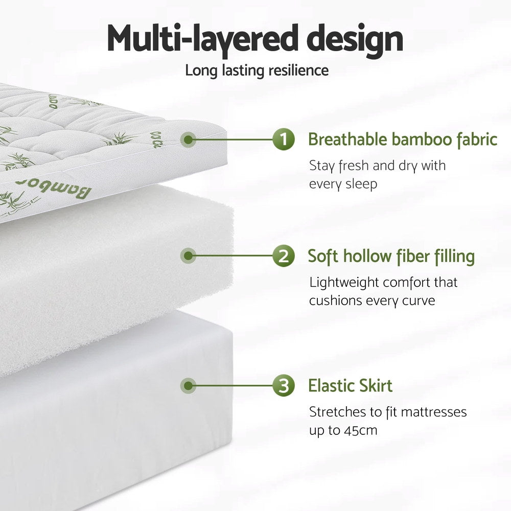 Giselle King Single Mattress Topper 11cm Bamboo Pillowtop Green & White