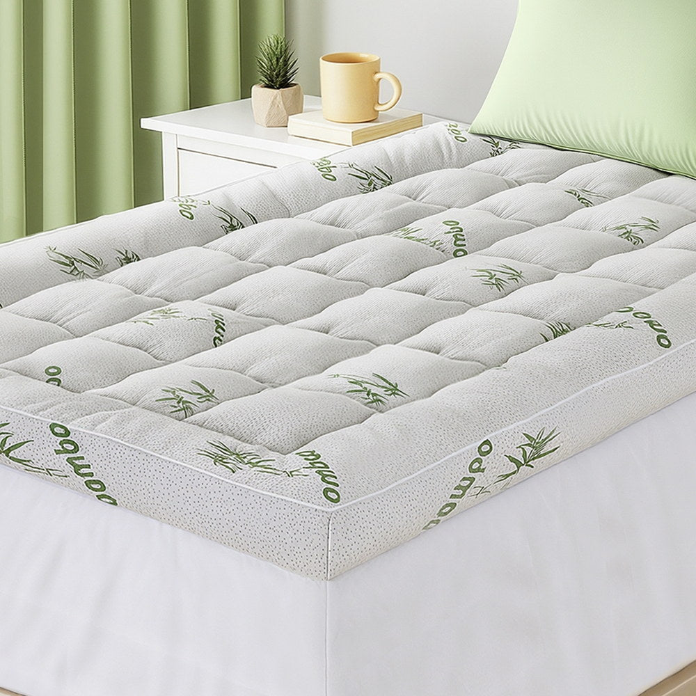 Giselle King Single Mattress Topper 11cm Bamboo Pillowtop Green & White