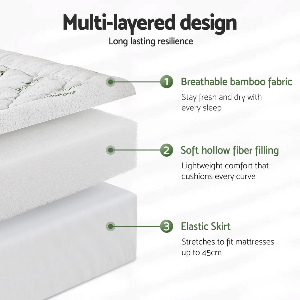 Giselle King Single Mattress Topper 5cm Bamboo Pillowtop Green & White