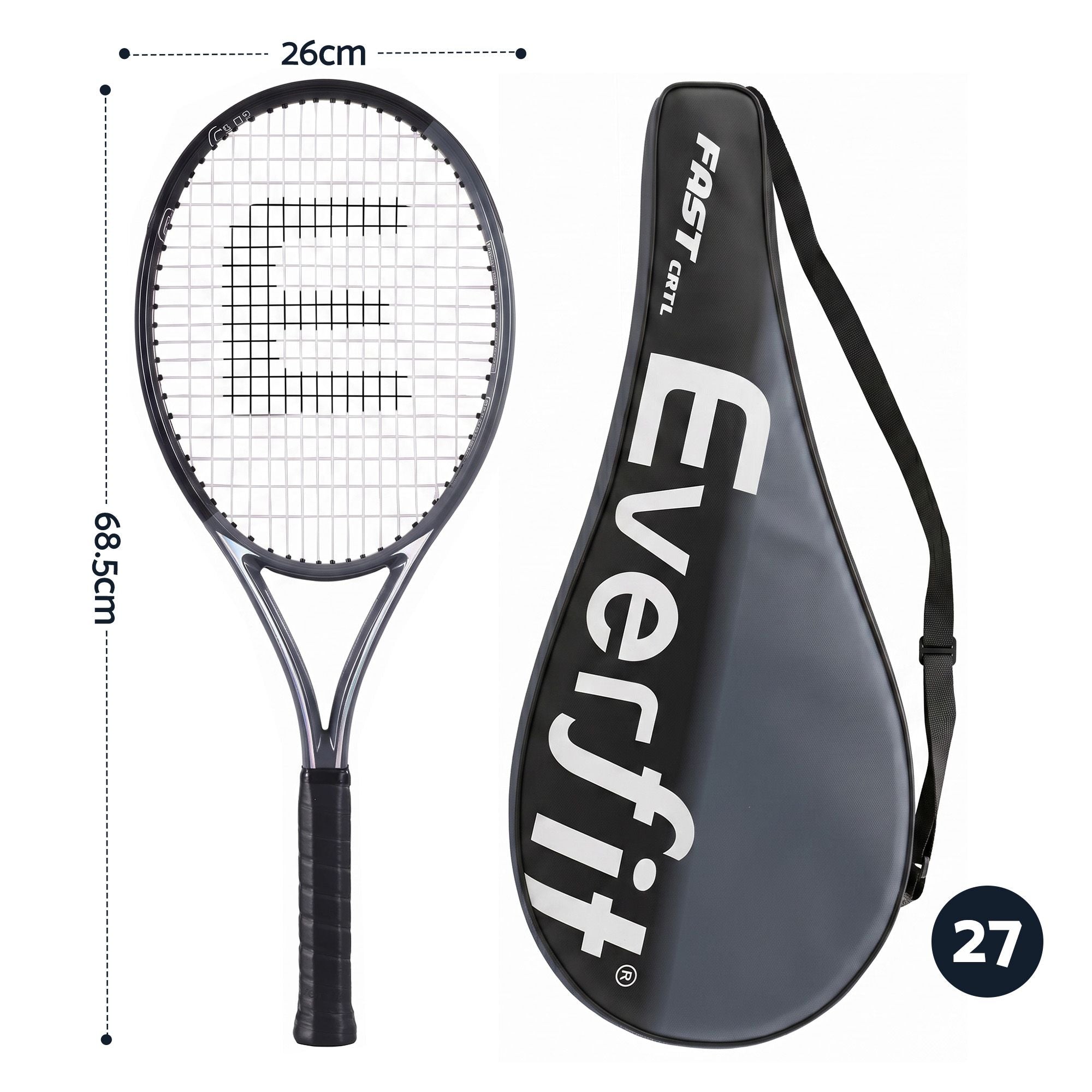 Everfit 27 Inch Tennis Racket Lightweight Racquet for Beginner Adult Players Black
