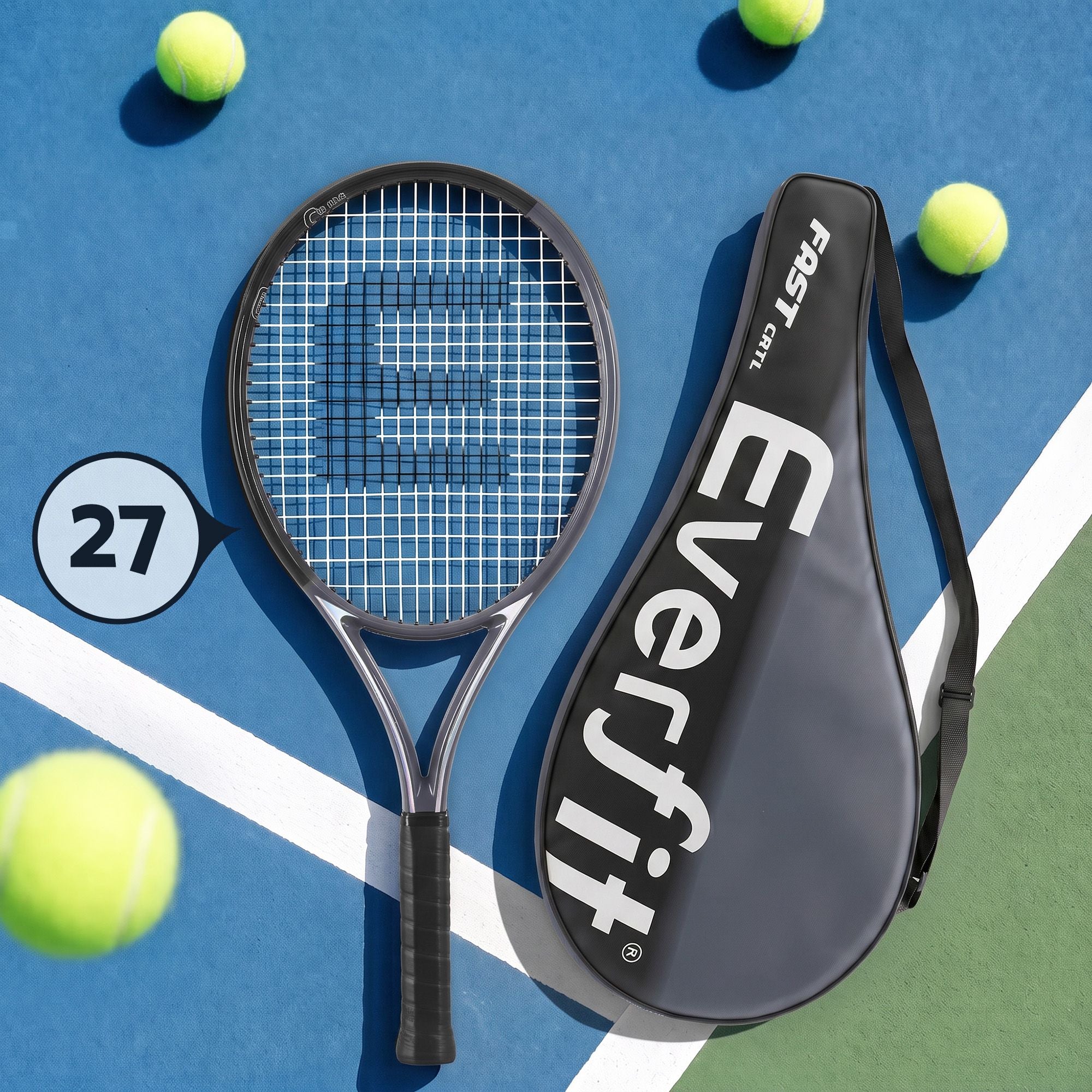 Everfit 27 Inch Tennis Racket Lightweight Racquet for Beginner Adult Players Black