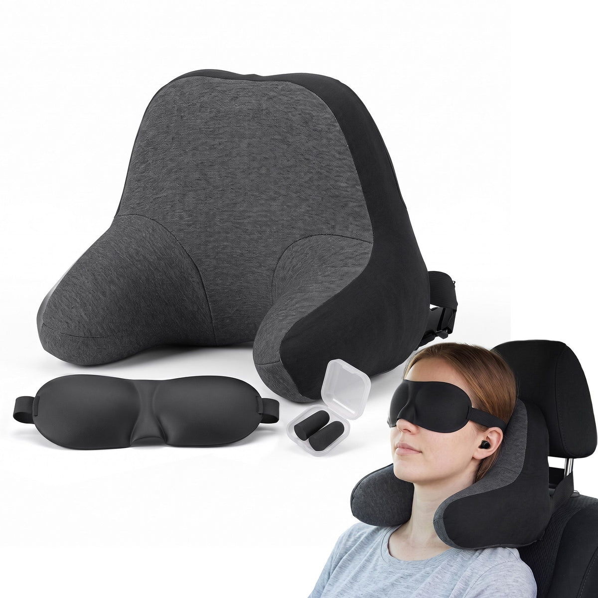 Wanderlite Travel Neck Pillow Portable for Airplane Memory Foam with Eyemask Earplugs Black