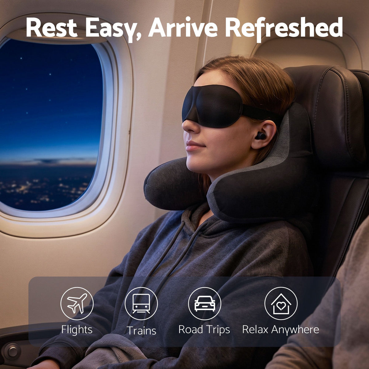Wanderlite Travel Neck Pillow Portable for Airplane Memory Foam with Eyemask Earplugs Black