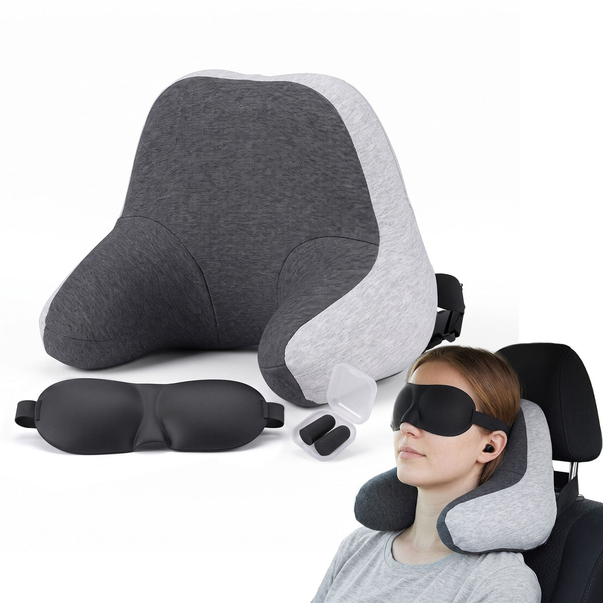 Wanderlite Travel Neck Pillow Portable for Airplane Memory Foam with Eyemask Earplugs Grey
