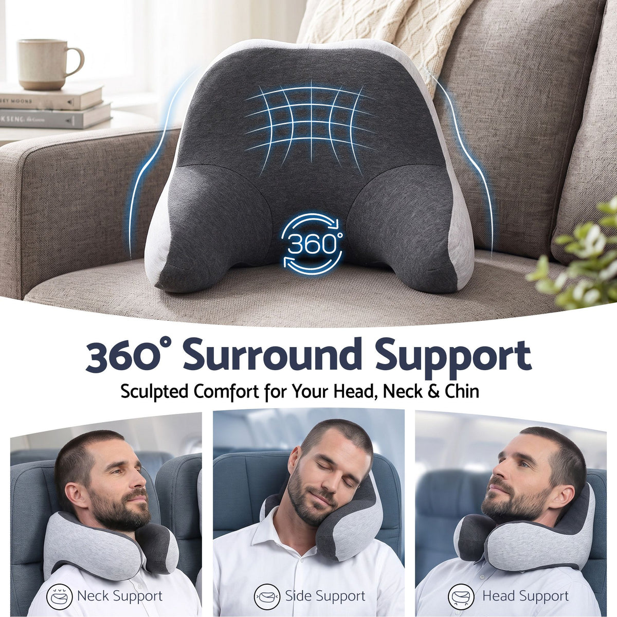 Wanderlite Travel Neck Pillow Portable for Airplane Memory Foam with Eyemask Earplugs Grey