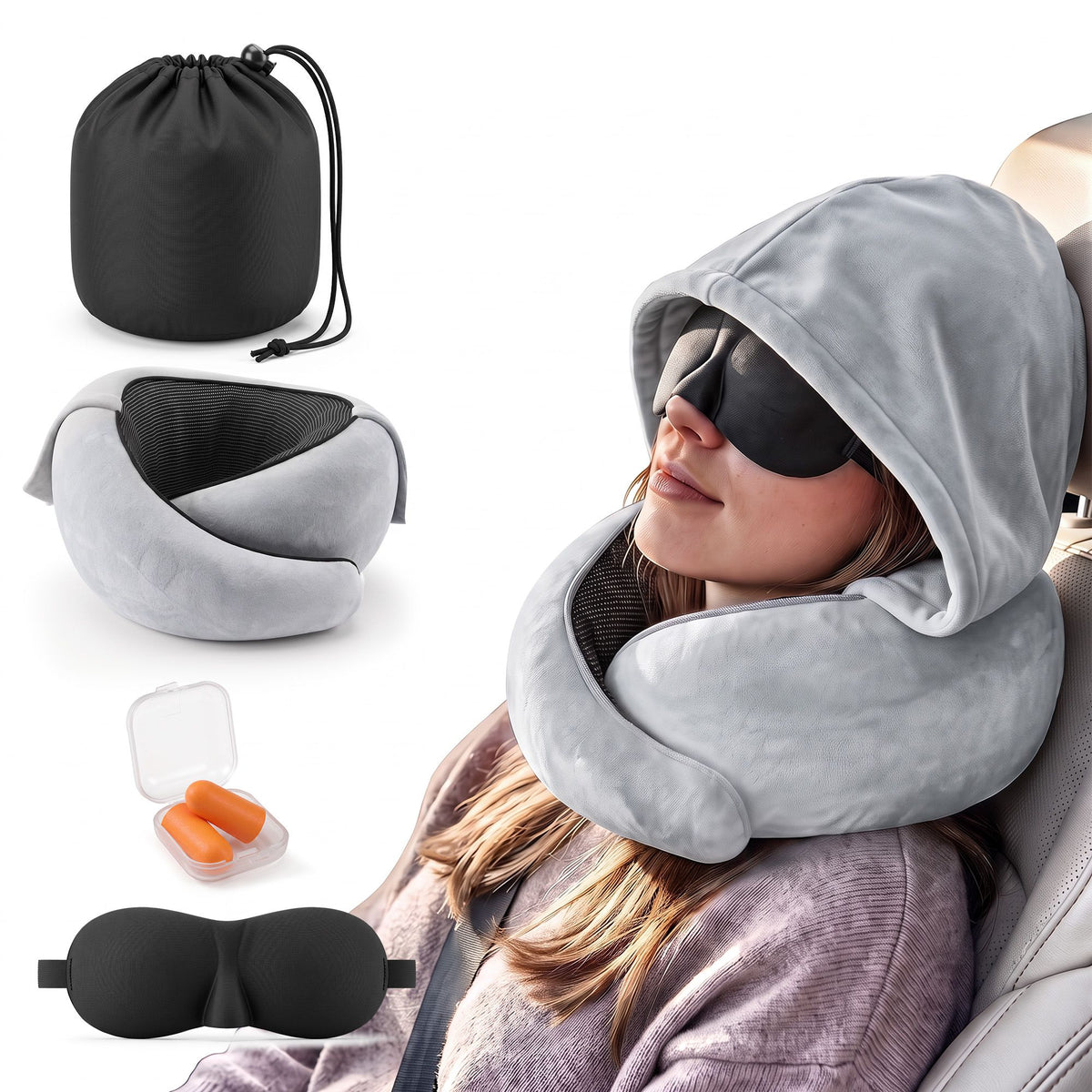 Wanderlite Hooded Travel Neck Pillow Memory Foam, Light Grey