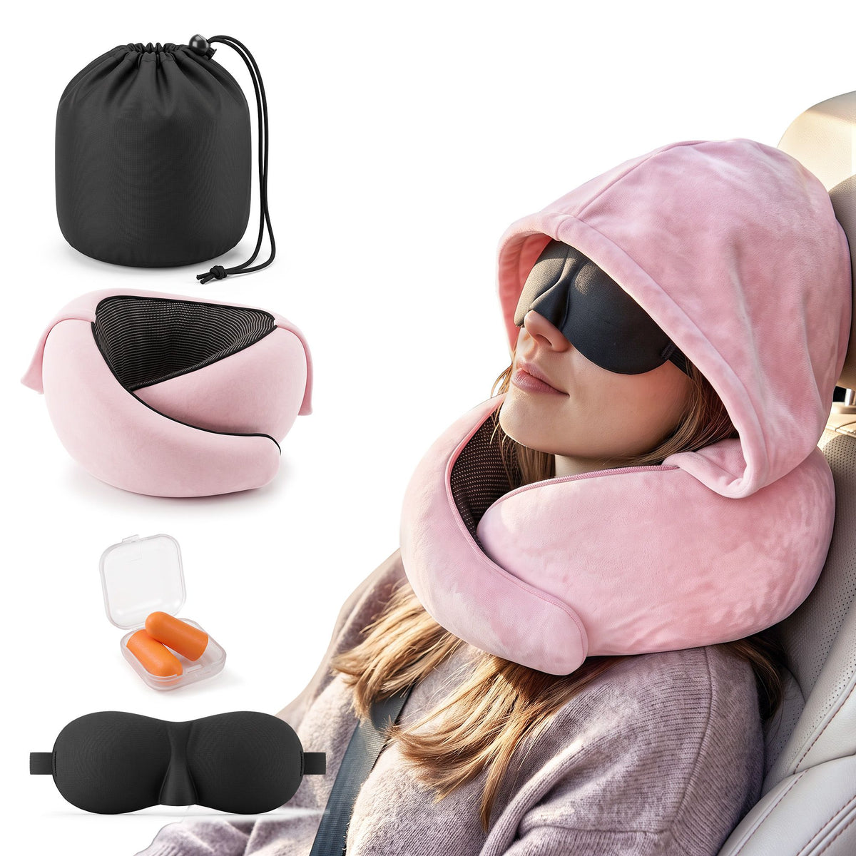 Wanderlite Hooded Travel Neck Pillow with Memory Foam, Pink