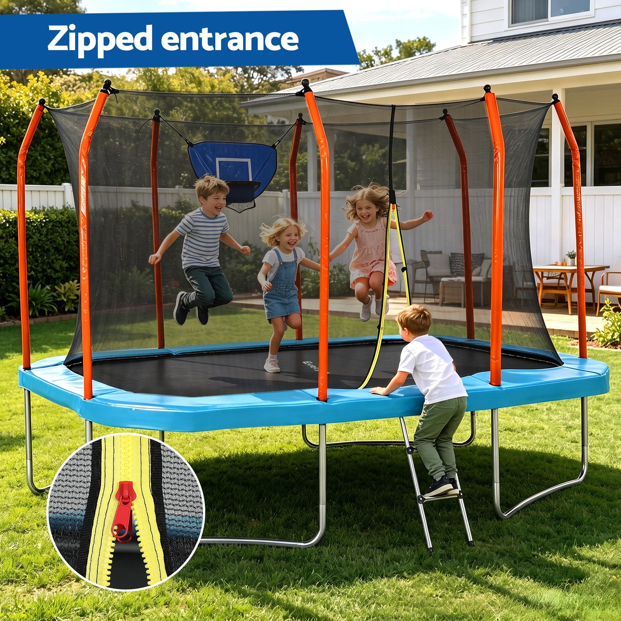 Everfit 12FT Kids Trampoline Rectangle Rebounder with Basketball Set Blue