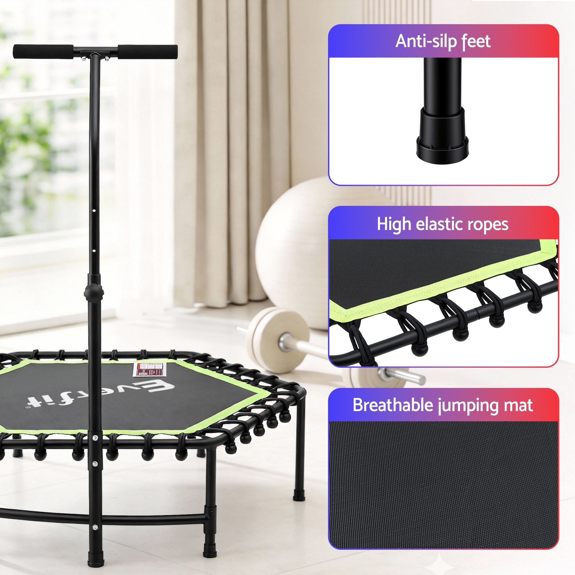 Everfit 48inch Hexagon Fitness Trampoline Rebounder Adjustable Handrail Green