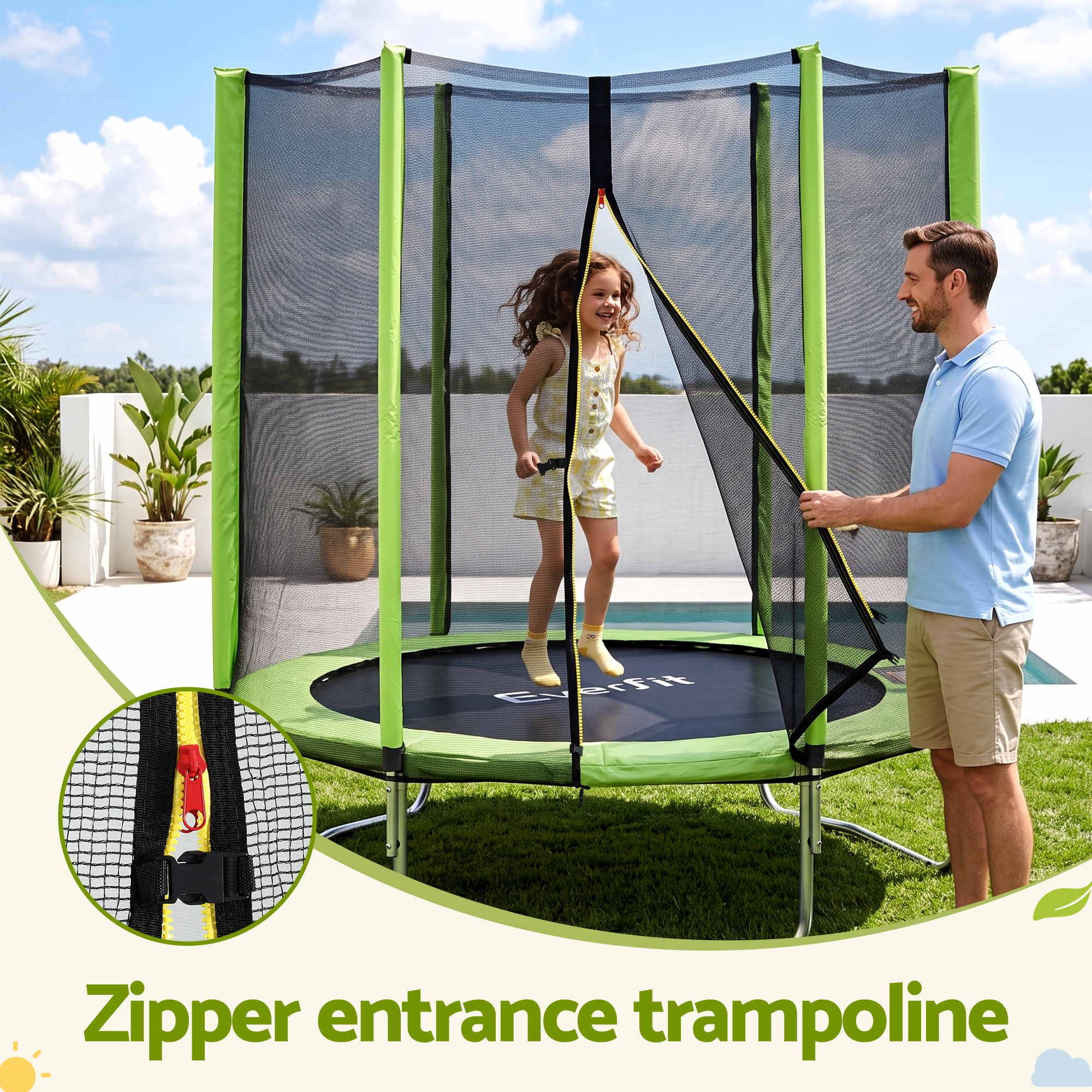 Everfit 6FT Kids Trampoline Round Rebounder with Enclosure Net Green