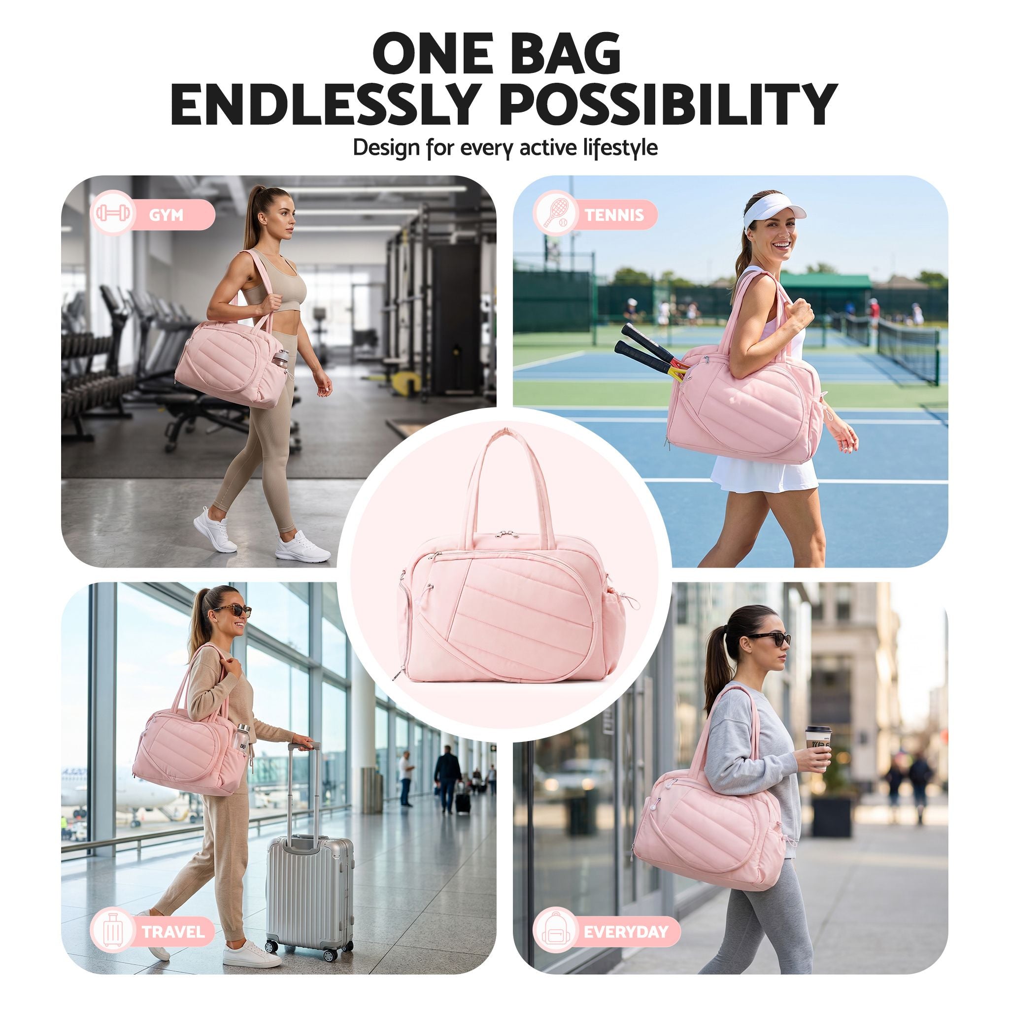 Everfit Tennis Tote Bag Gym Bag Sports Duffle Bags Holds 2 Rackets Pink