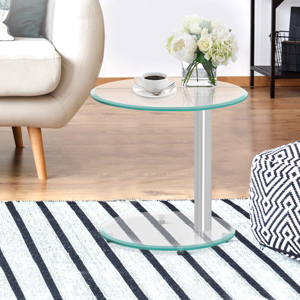 Artiss Oval Coffee Table 2 Tier Tempered Glass Side Table 45cm