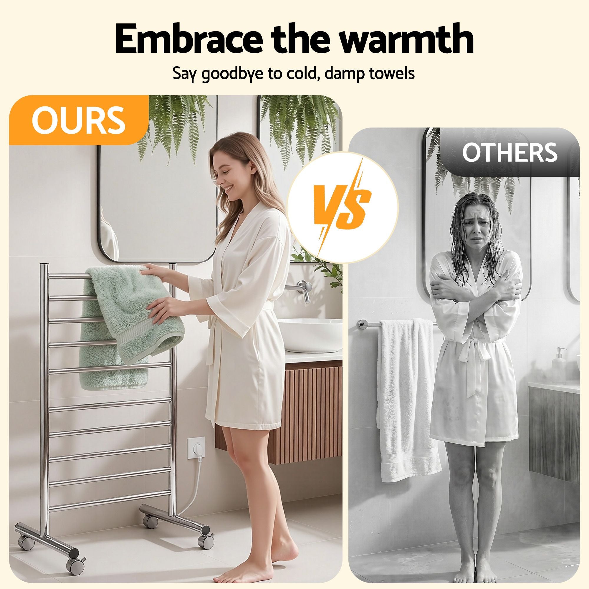 Devanti 10-Bar Freestanding Heated Towel Rail 3-5 Mins Fast Heating Electric Towel Warmer for Bathroom Winter Drying Stainless Steel Plug In 100W