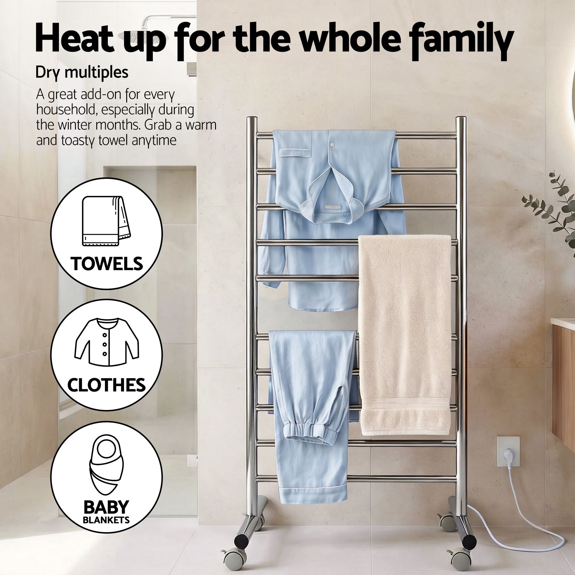 Devanti 10-Bar Freestanding Heated Towel Rail 3-5 Mins Fast Heating Electric Towel Warmer for Bathroom Winter Drying Stainless Steel Plug In 100W