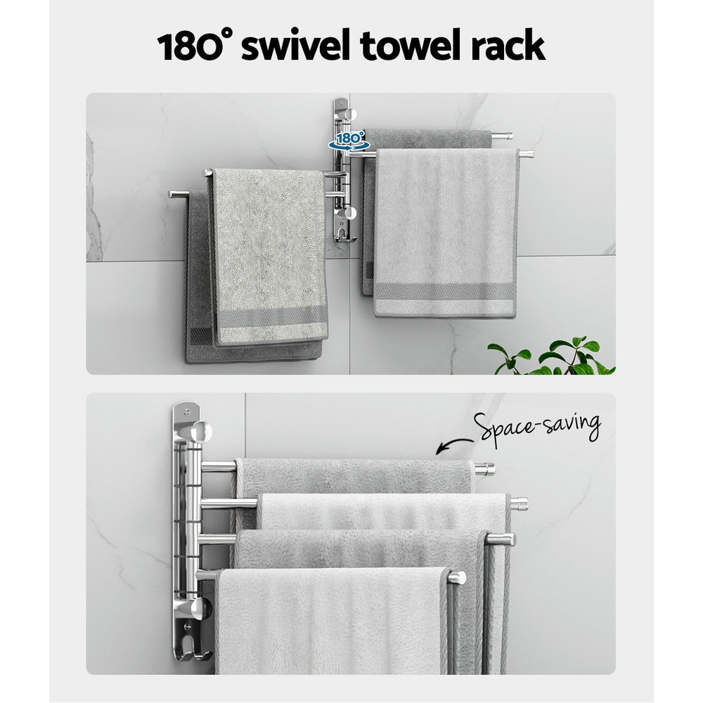 4-Bar Wall Mounted Towel Rail Rack Stainless Steel Swivel Silver