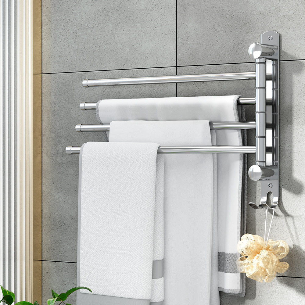 4-Bar Wall Mounted Towel Rail Rack Stainless Steel Swivel Silver