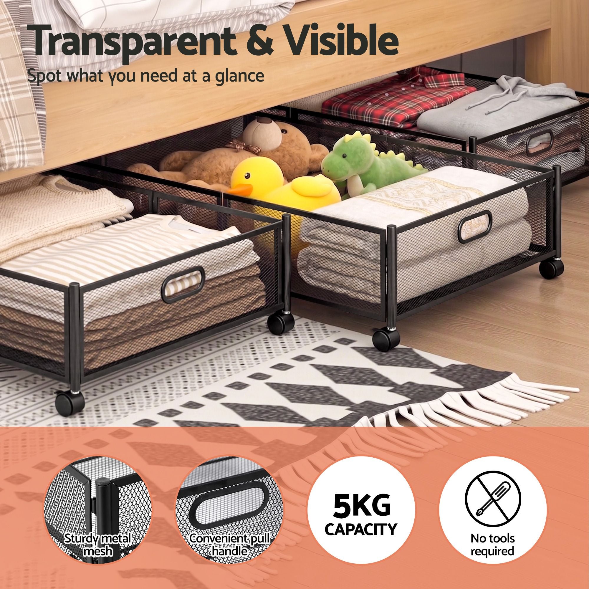 Artiss 2X Under Bed Storage Containers Metal Boxes Quilt Organiser with Wheels
