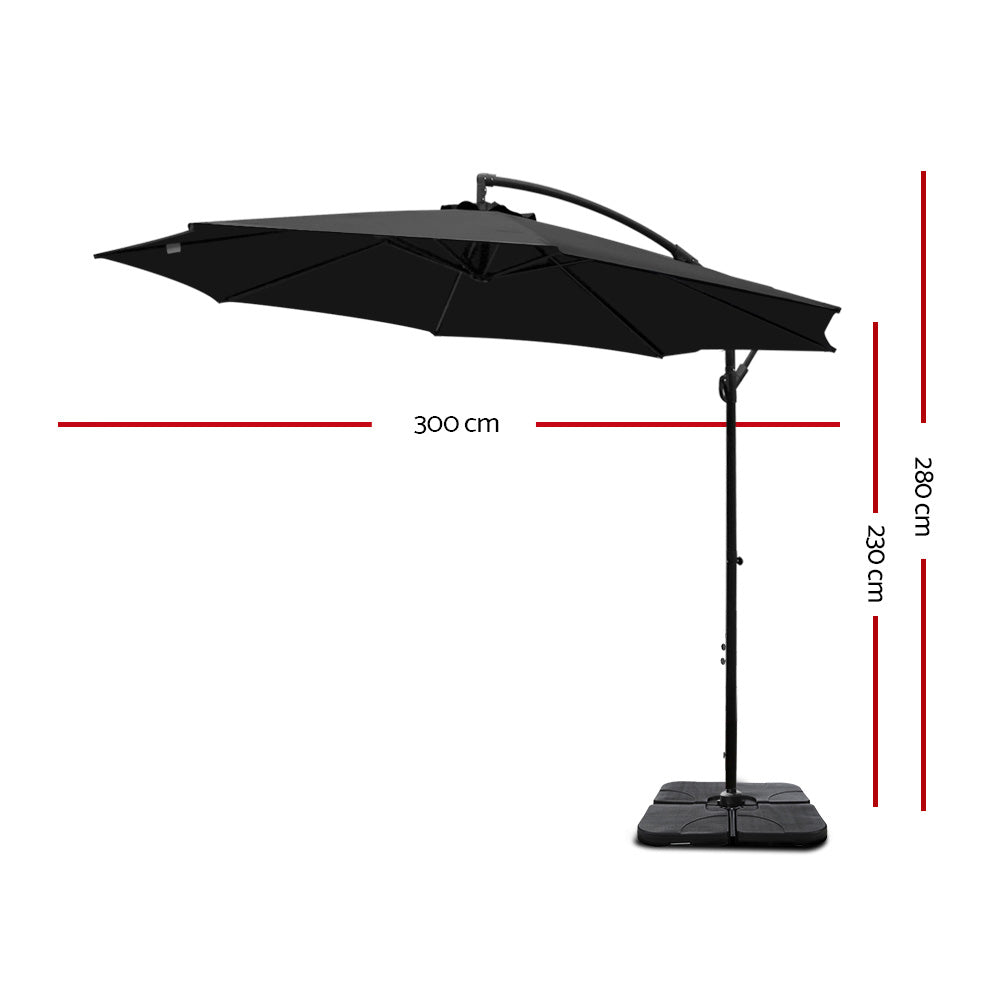Instahut 3m Cantilever Umbrella Black Outdoor Patio Parasol w/Base
