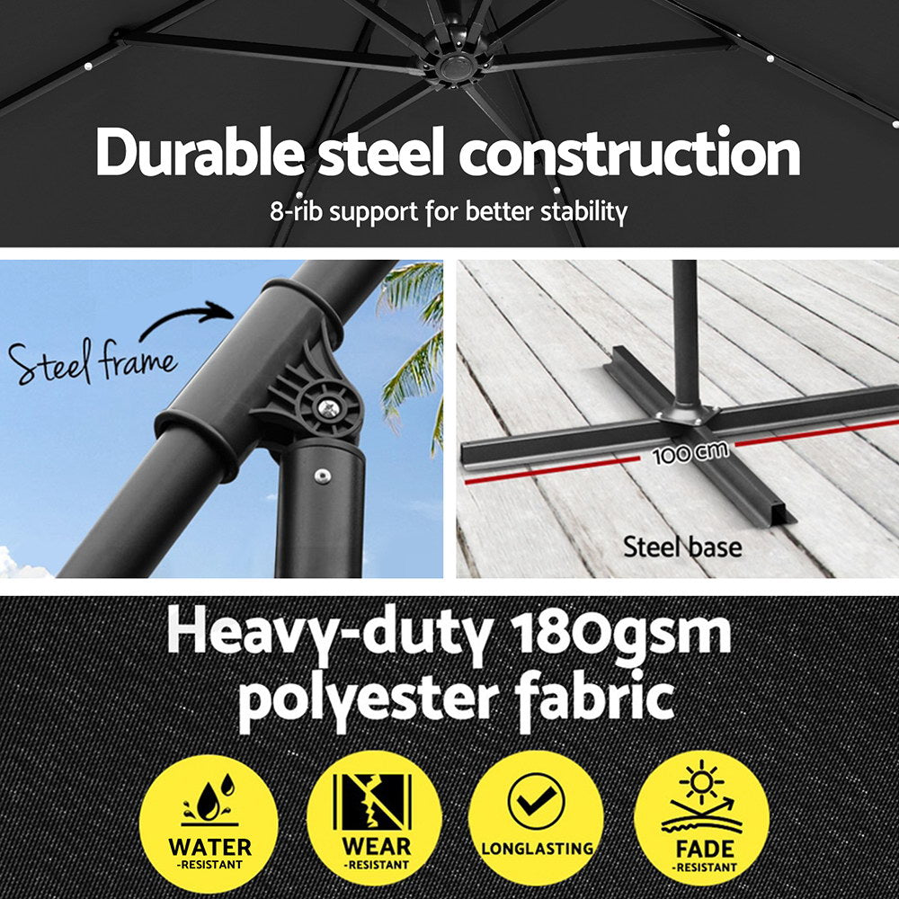 Instahut 3M Cantilever Outdoor Umbrella LED Garden Shade Charcoal