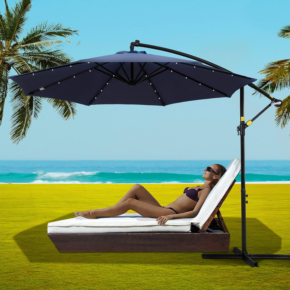 Instahut 3M Cantilever Outdoor Umbrella Navy LED Garden Shade