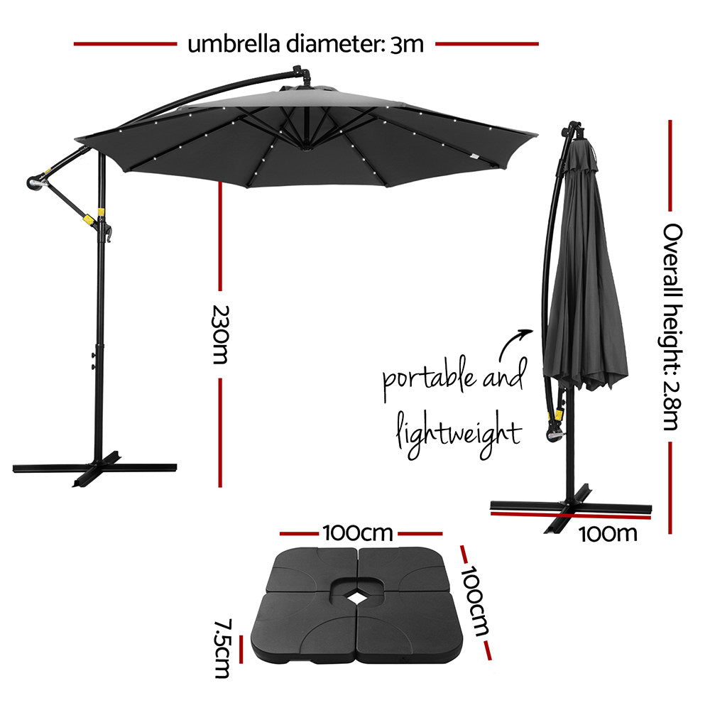 Instahut 3M Cantilever Outdoor Umbrella LED Charcoal