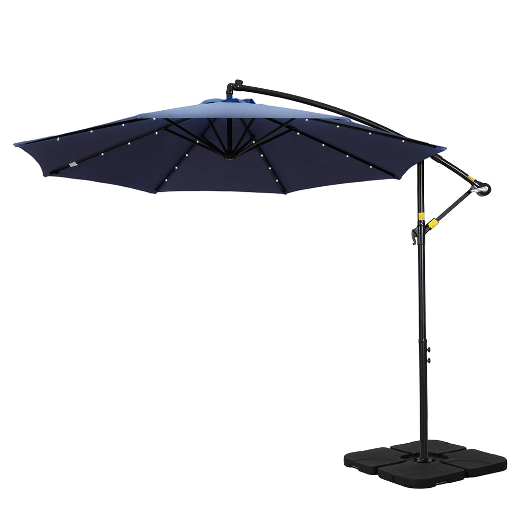 Instahut 3M Cantilever Outdoor Umbrella with LED Lights and Base Navy