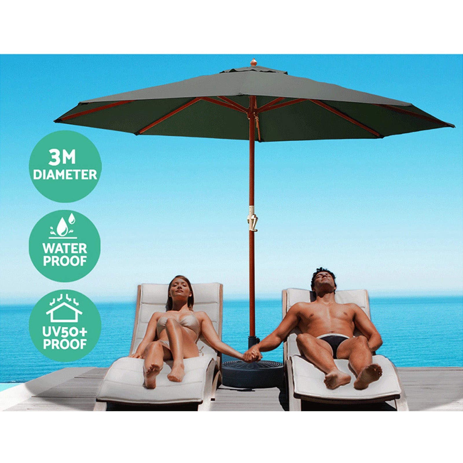 Instahut 3m Outdoor Umbrella Charcoal UV50+ Wooden Frame