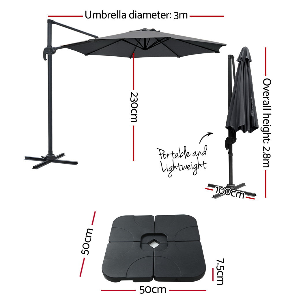 Roma 3m Outdoor Cantilever Umbrella 360° Tilt Charcoal