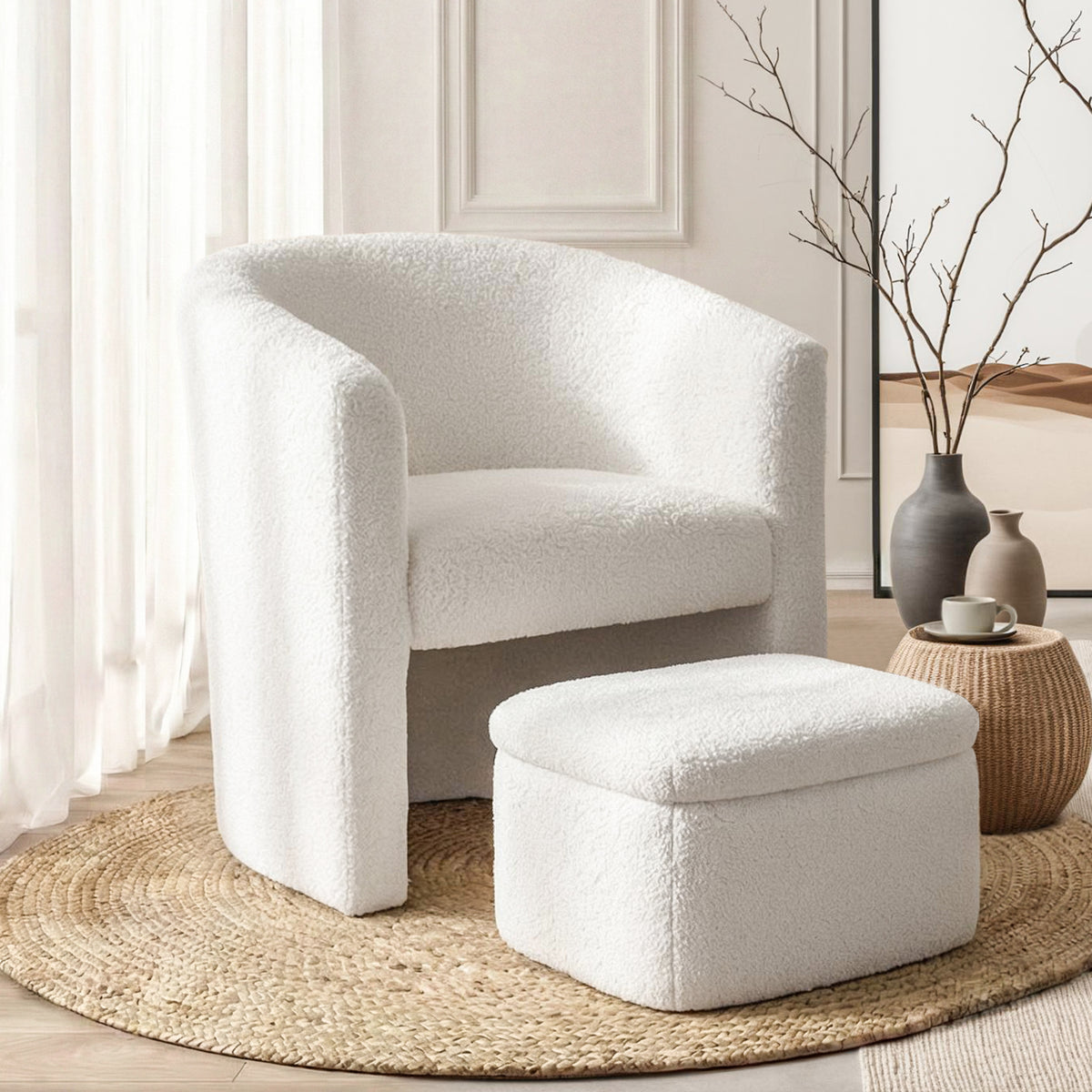 Artiss Accent Chair with Ottoman Boucle White