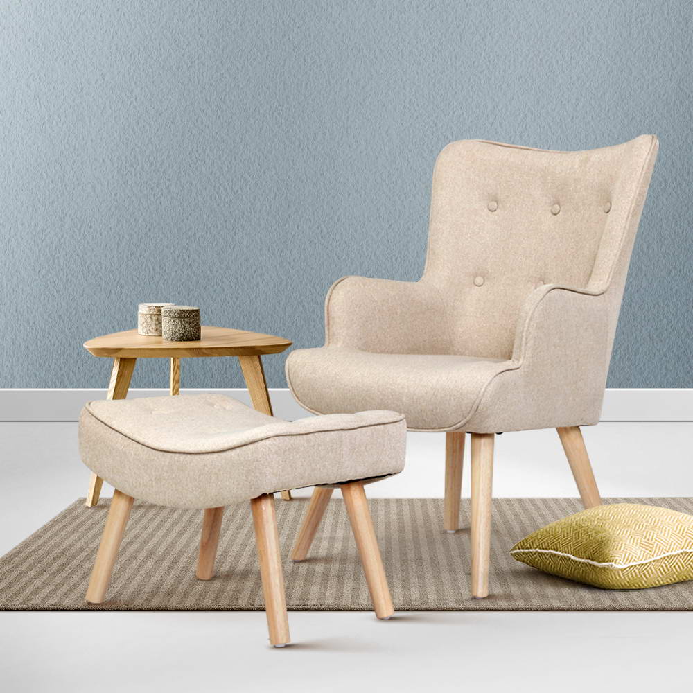 Lansar Armchair Set with Ottoman Beige Scandinavian Style