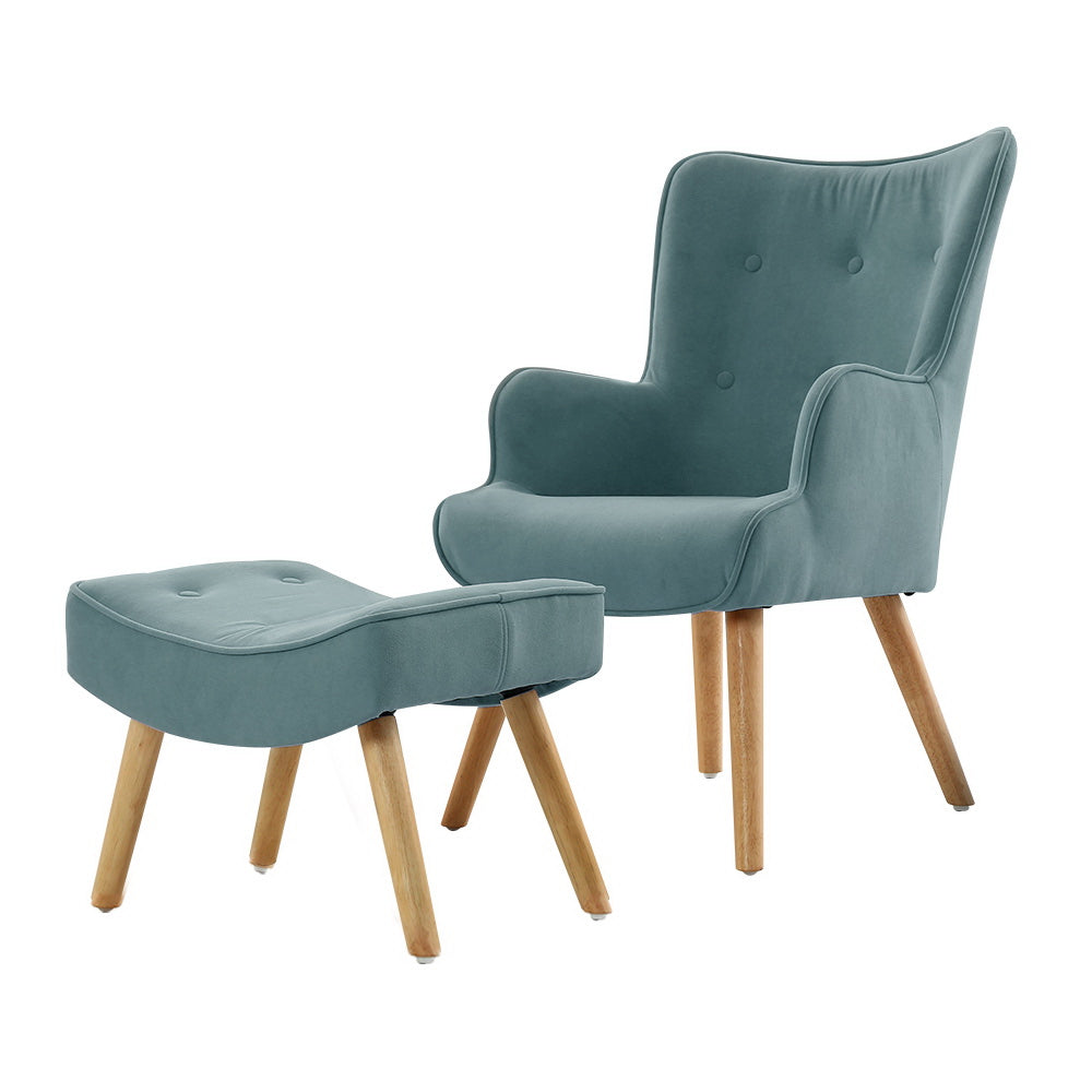 Lansar Armchair and Ottoman Set Velvet Blue Scandinavian Style