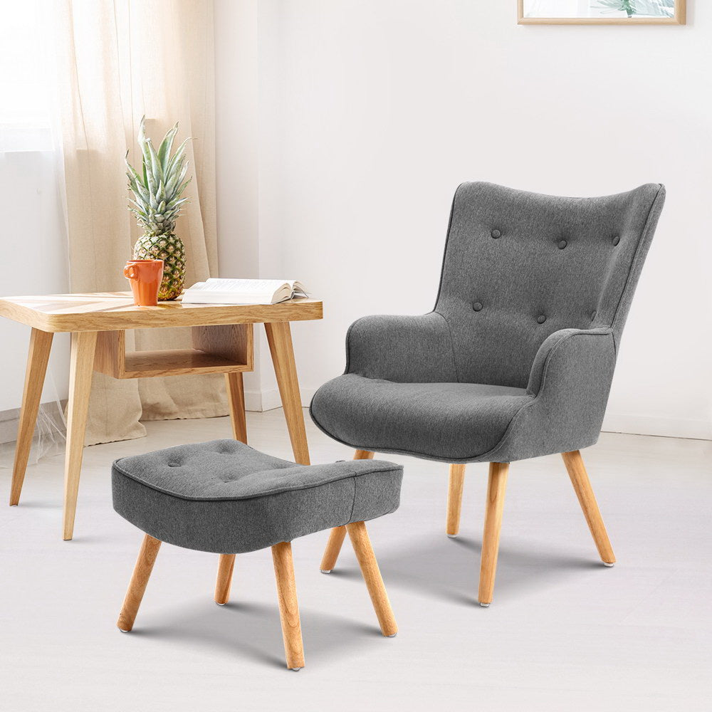 Lansar Armchair Set with Ottoman Grey Faux Linen