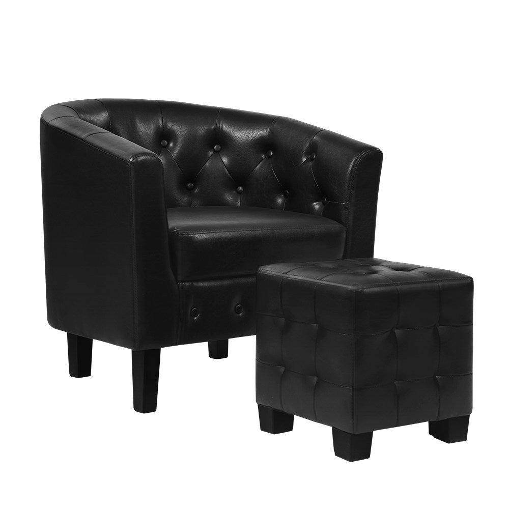 Ava Armchair and Ottoman Set Black Chesterfield Style