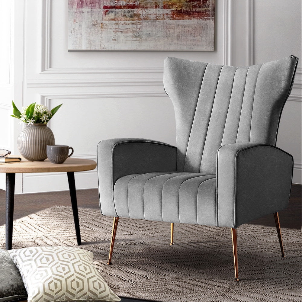 Kate Grey Velvet Armchair Artiss