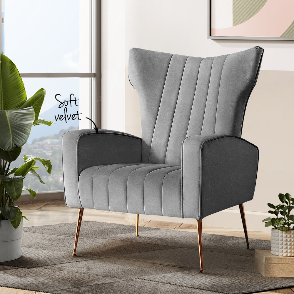 Kate Grey Velvet Armchair Artiss