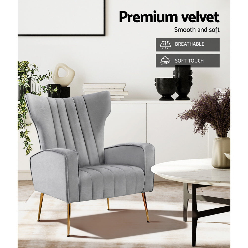 Kate Grey Velvet Armchair Artiss