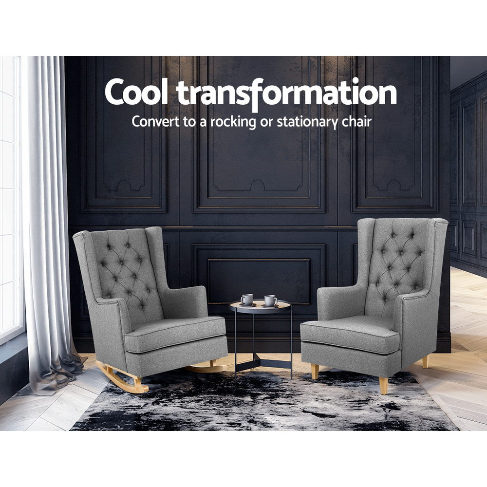 Gaia Grey Rocking Armchair Convertible Linen Fabric