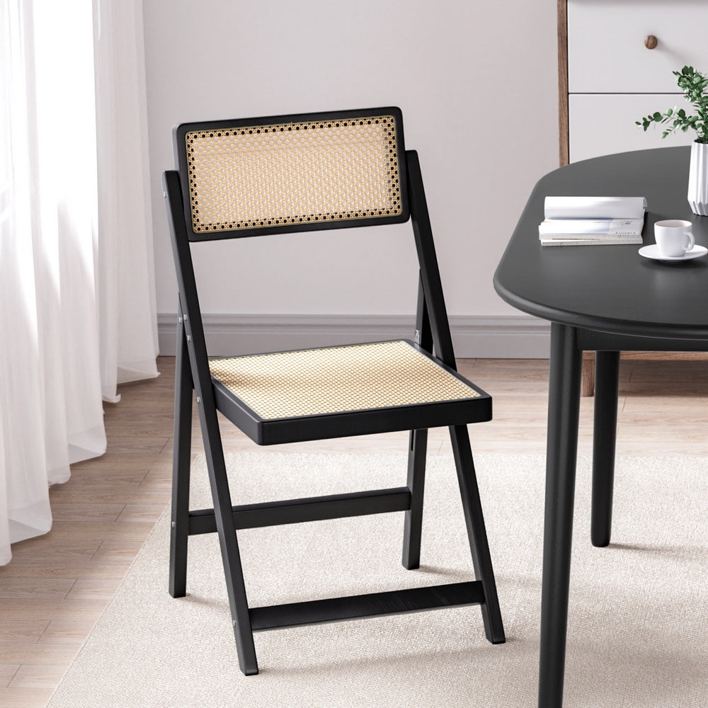 Rattan Foldable Dining Chair Black Poplar Wood
