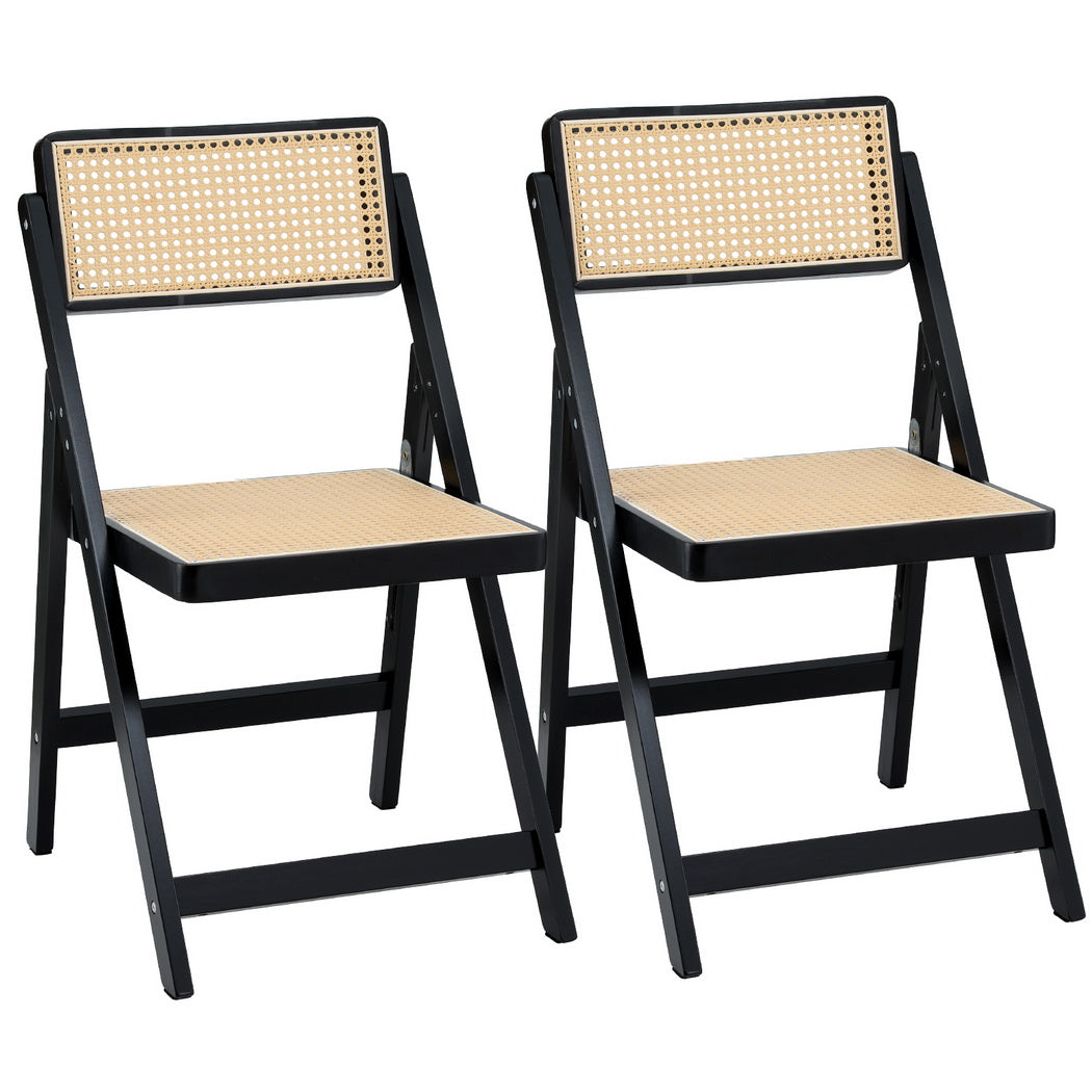 Artiss Foldable Dining Chairs Wooden Rattan Black Set of 2