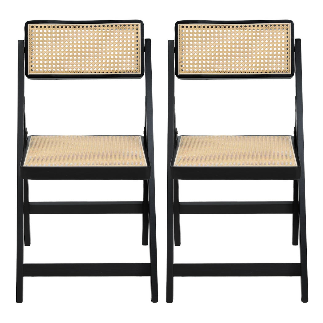 Artiss Foldable Dining Chairs Wooden Rattan Black Set of 2