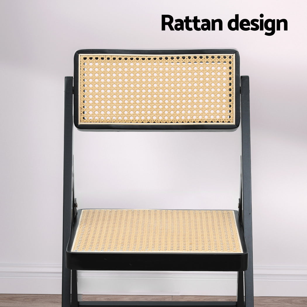 Artiss Foldable Dining Chairs Wooden Rattan Black Set of 2