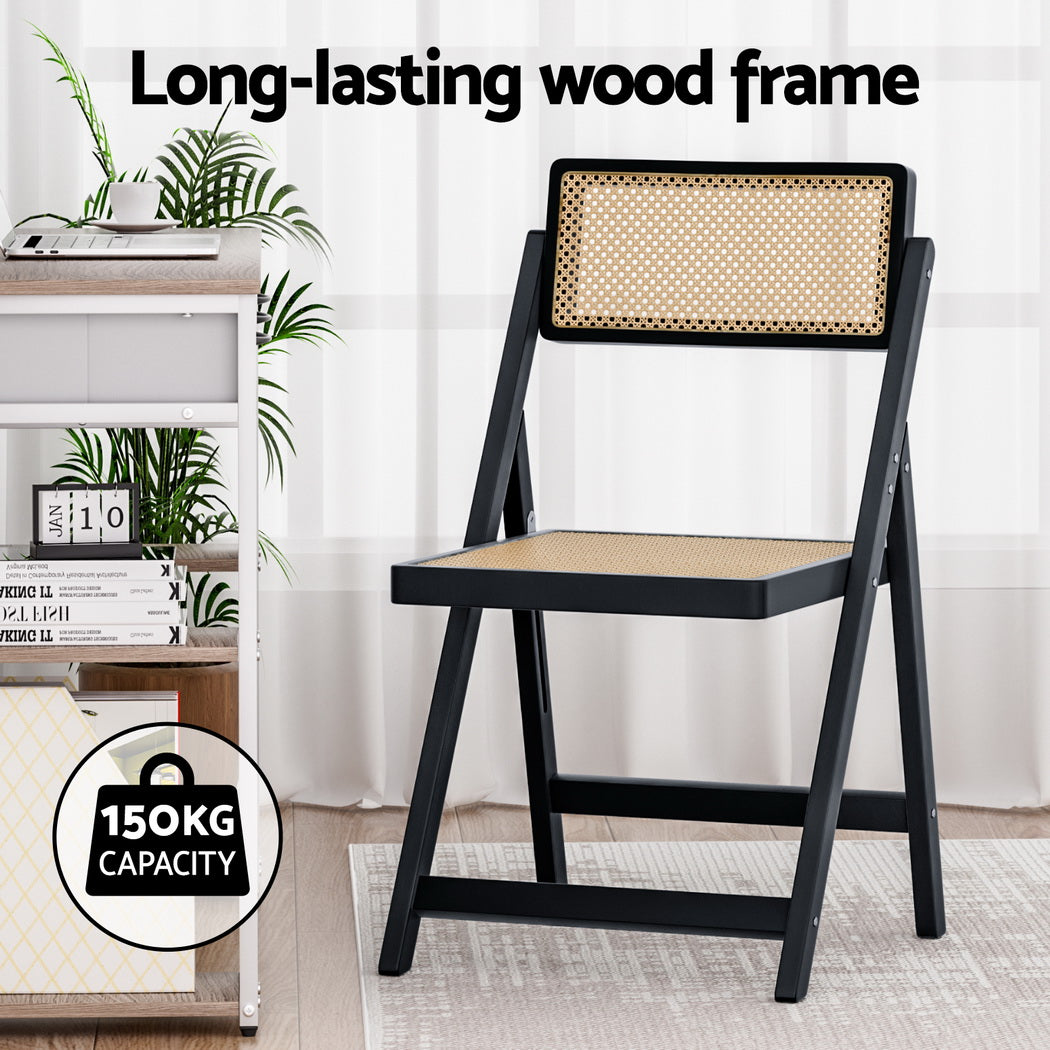 Artiss Foldable Dining Chairs Wooden Rattan Black Set of 2
