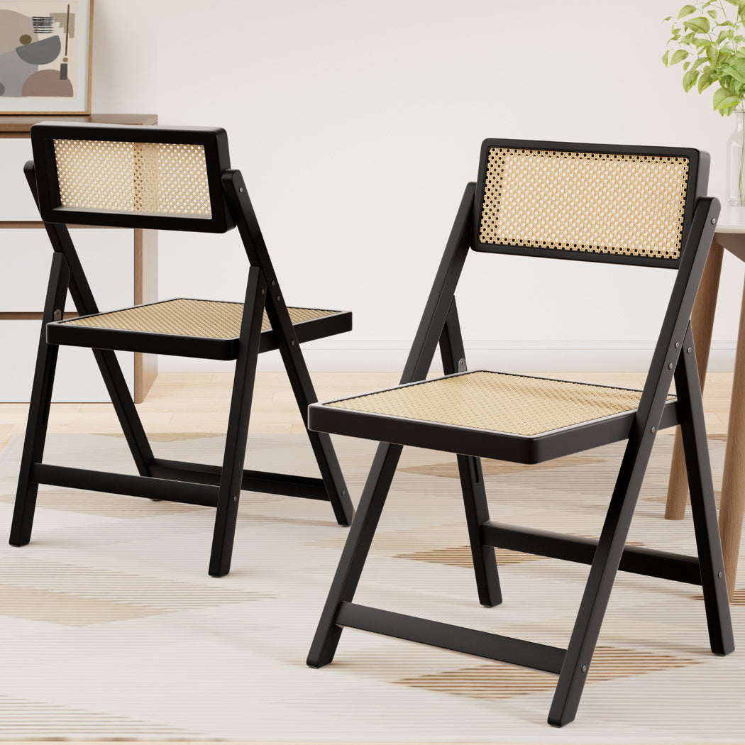 Artiss Foldable Dining Chairs Wooden Rattan Black Set of 2