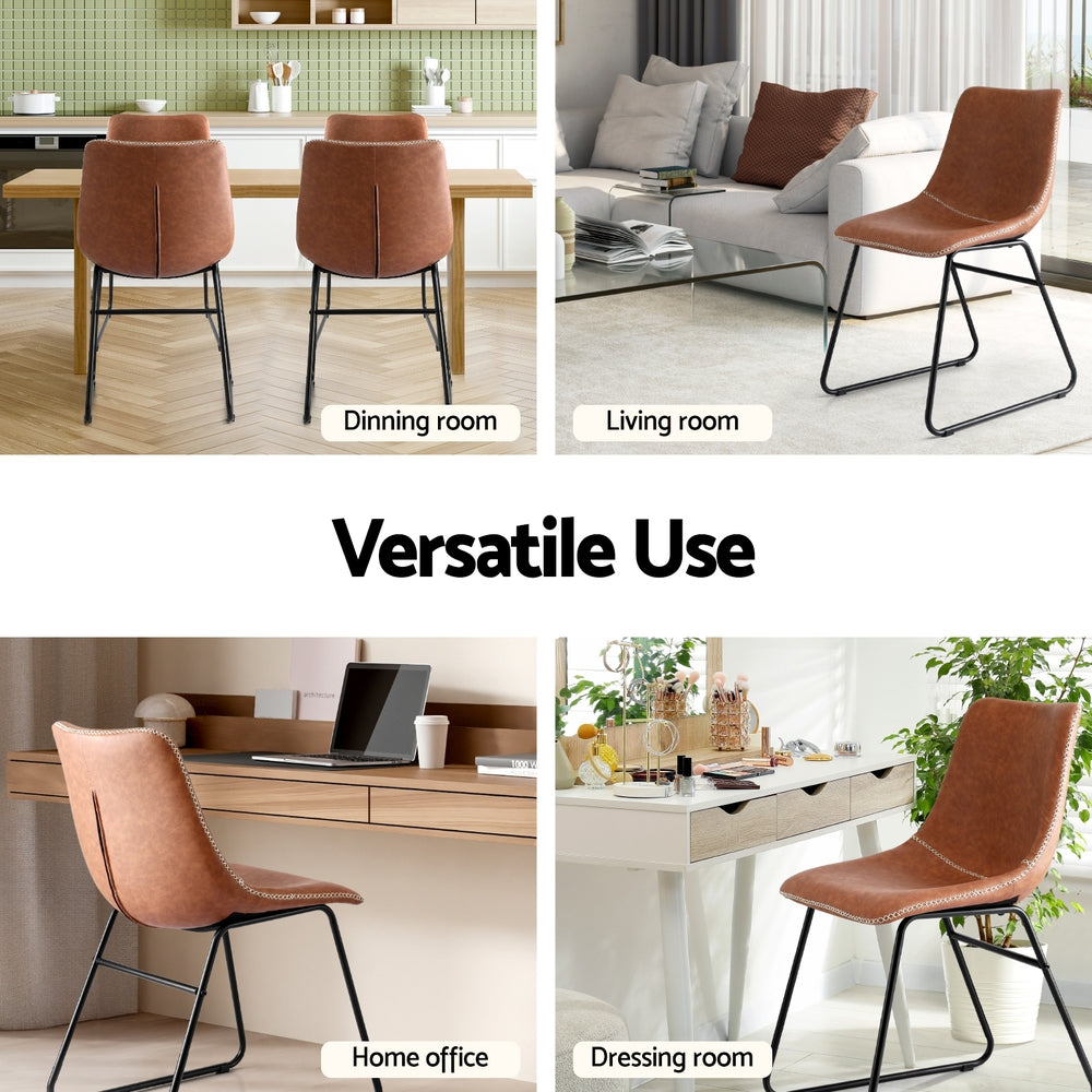 Retro Brown PU Leather Dining Chairs Set of 2