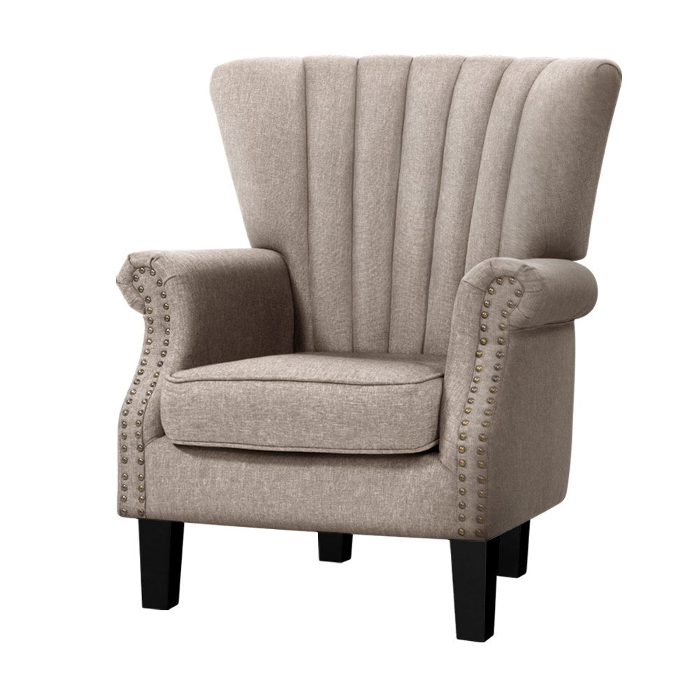 Andrew Wingback Faux Linen Fabric Armchair Beige