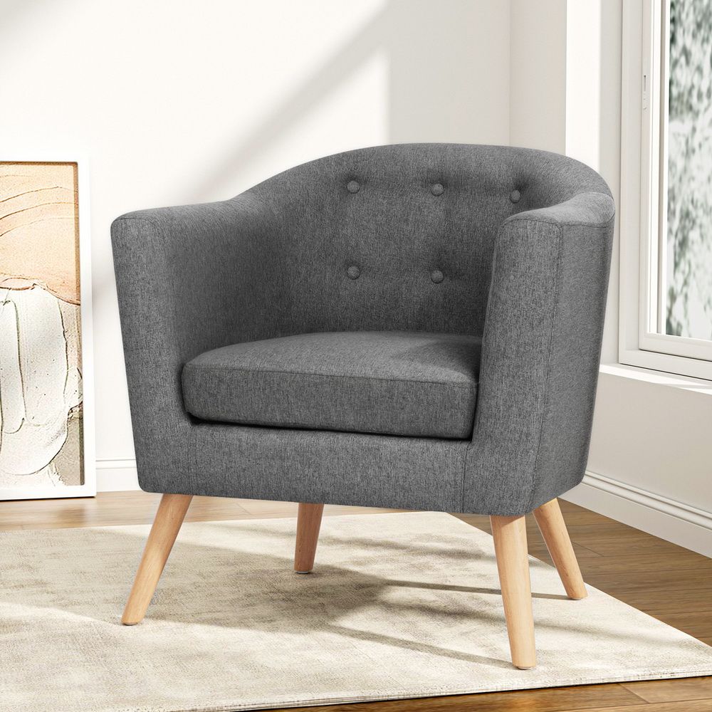 Adora Tub Armchair Grey Tufted Faux Linen Upholstery