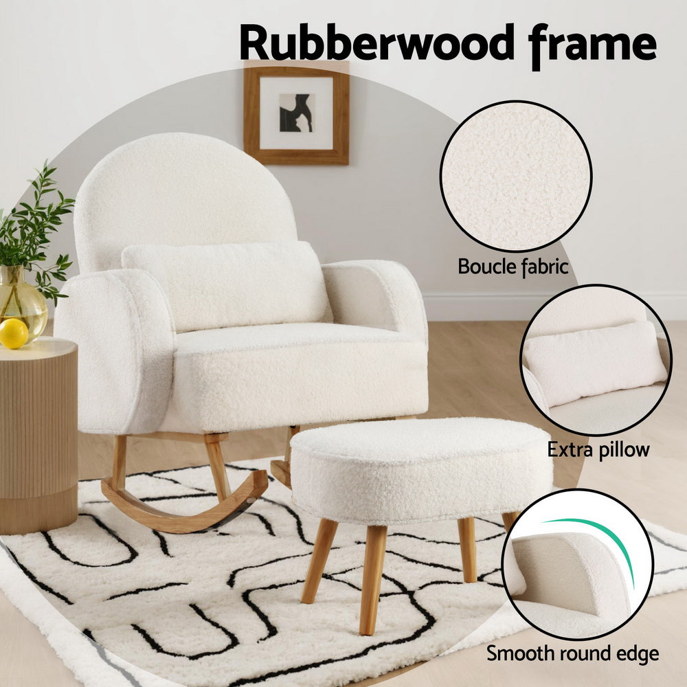 Artiss Rocking Chair Ottoman Set Boucle White